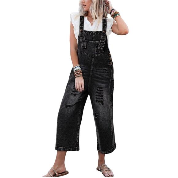 Amaryllis Distressed Overall Wide-Leg Relaxed Adjustable Straps Vintage Inspired - Picture 2 of 2